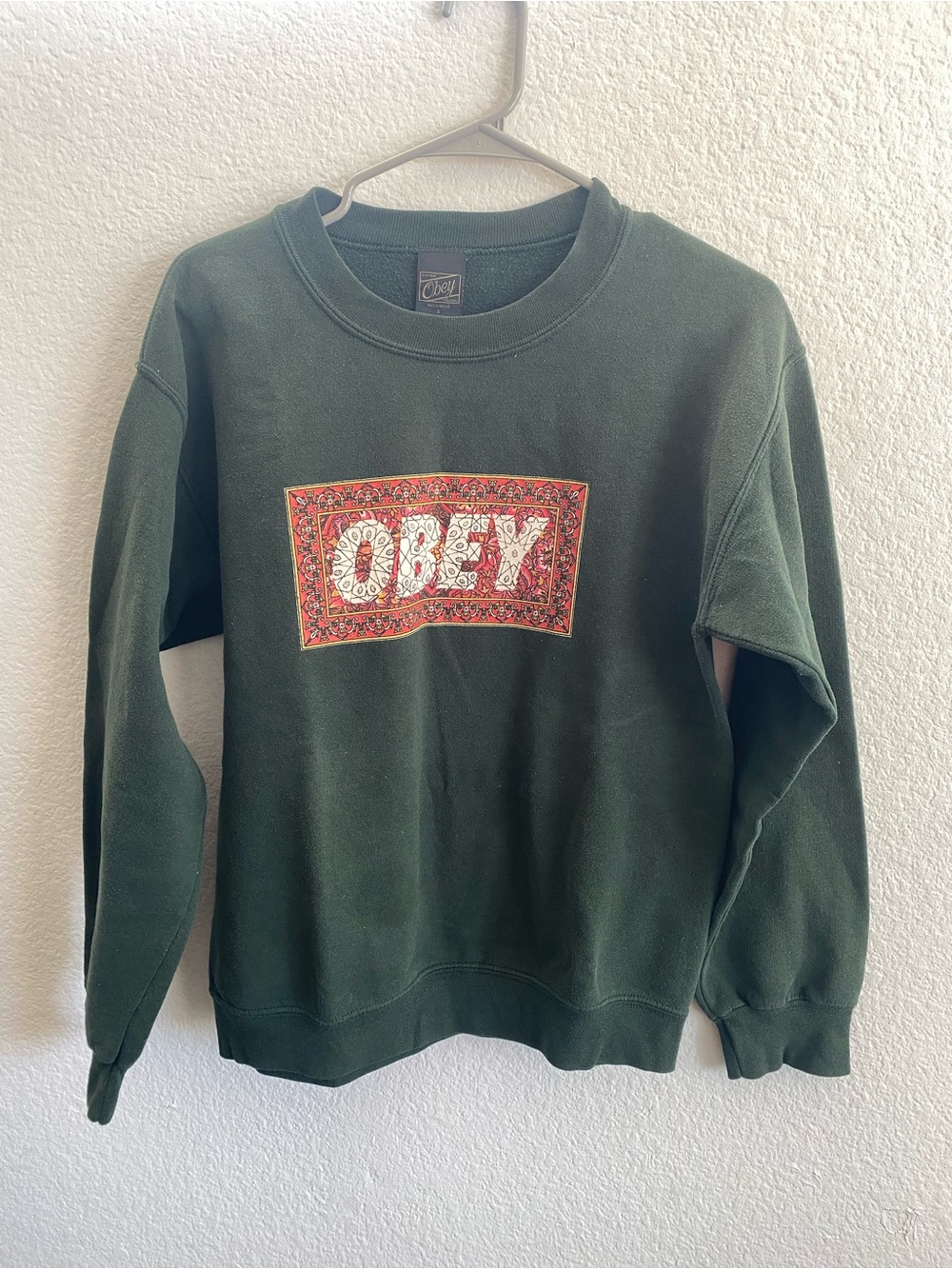 Obey Forest Green Crewneck Sweatshirt with Red Logo Panel